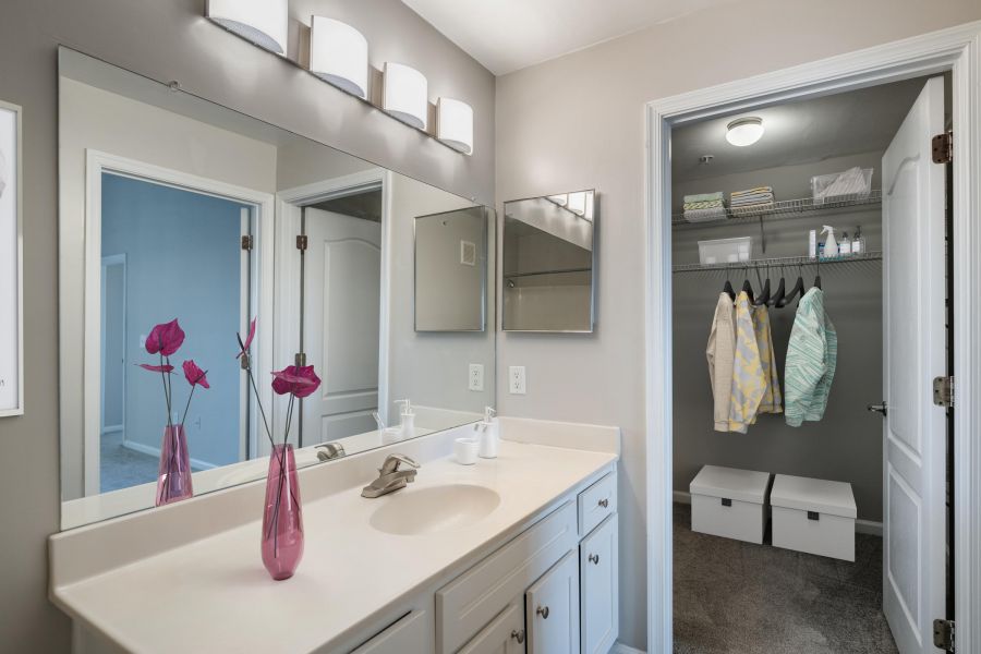 Attain on 5th apartment homes with Modern bathroom with white vanity, large mirror, pink vase with flowers, and open walk-in closet with shelves.